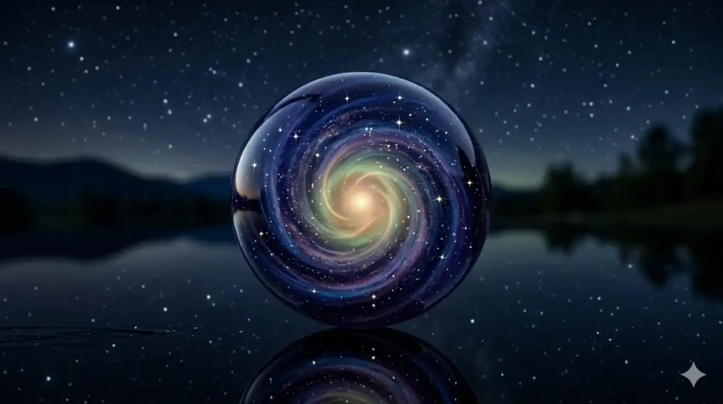 夜空の星々と水面に映る光を背景に、深い藍色と紫の渦が宇宙のように広がる一玉のビー玉。中心には温かな金と緑の光が灯り、色彩心理とヒーリングミュージックによる癒やしを象徴する幻想的なメインビジュアル。