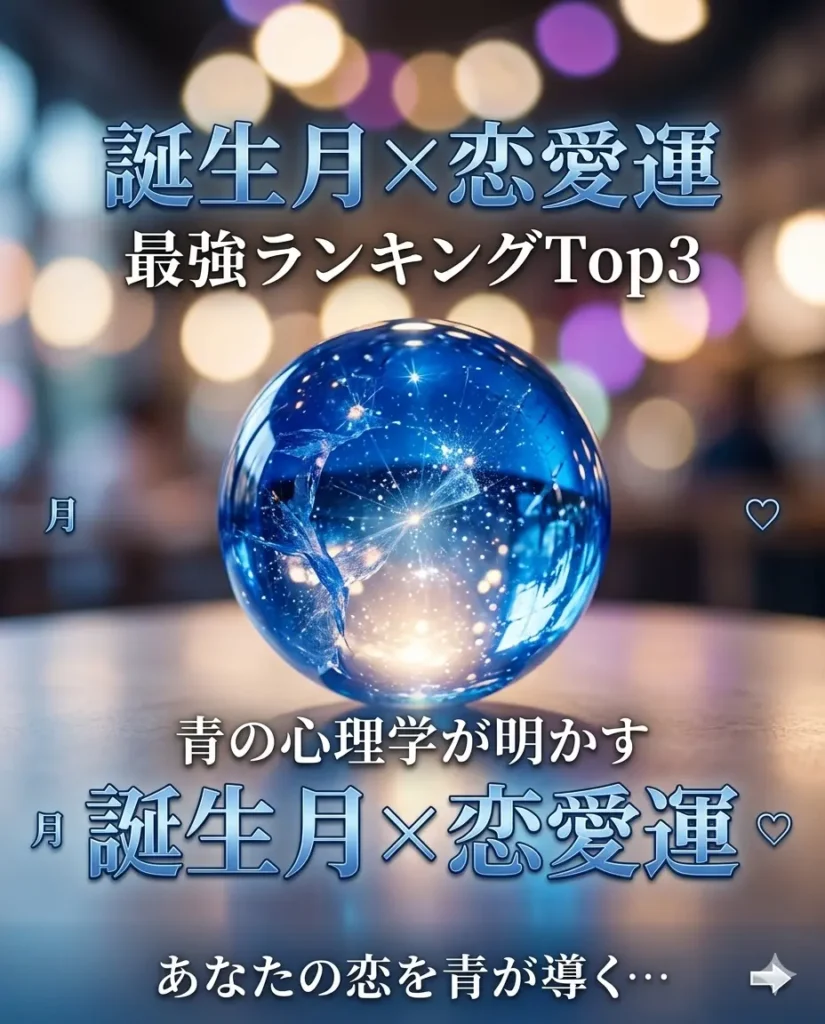 青色が気になる人の恋愛運ランキングと誕生月別の色彩心理解説。中央に青いビー玉のアート、周囲に誕生月と運勢のポイントが配置されたアイキャッチ画像。